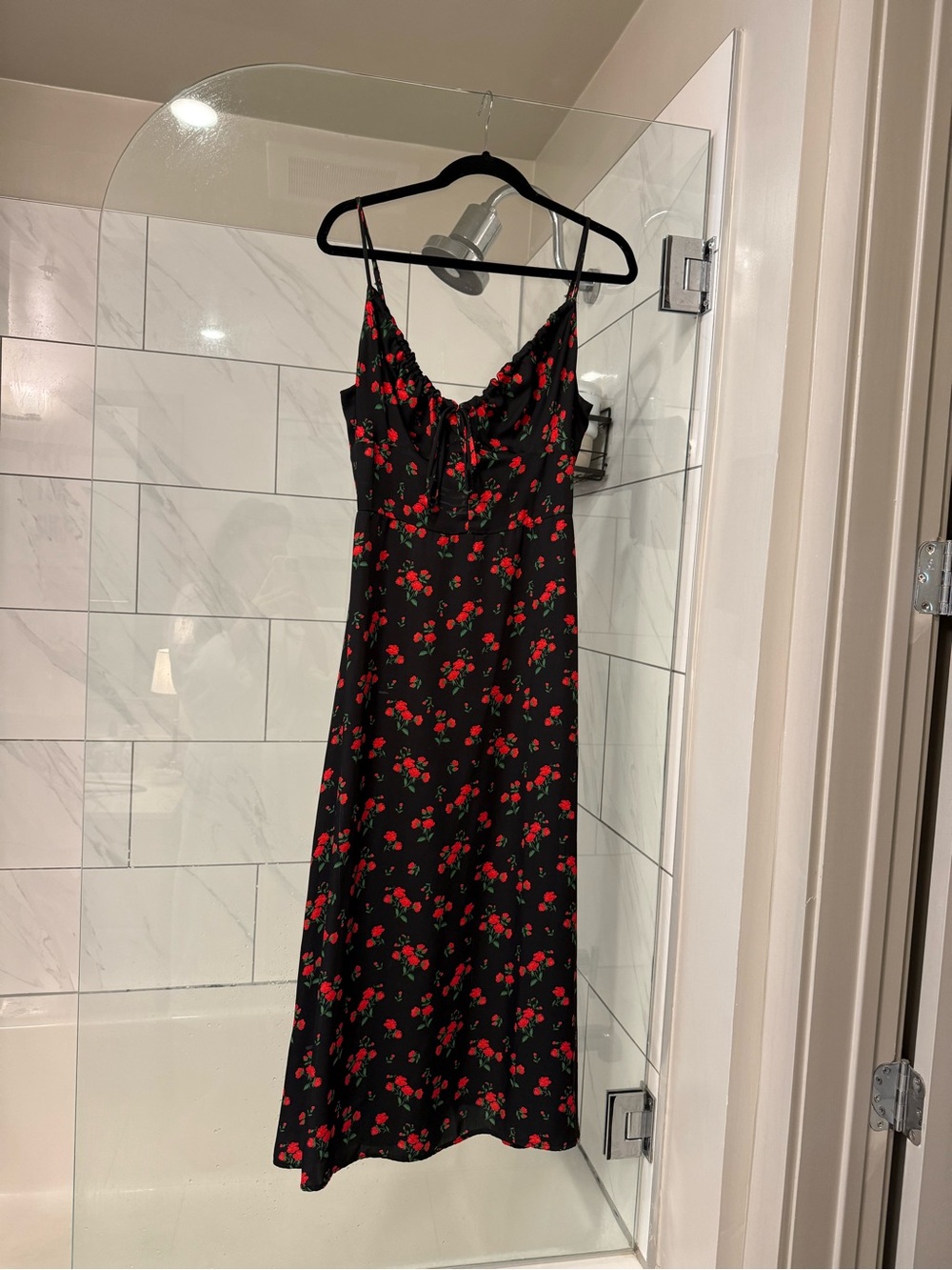 RESA Black Midi Slip Dress with Red Cherry Print